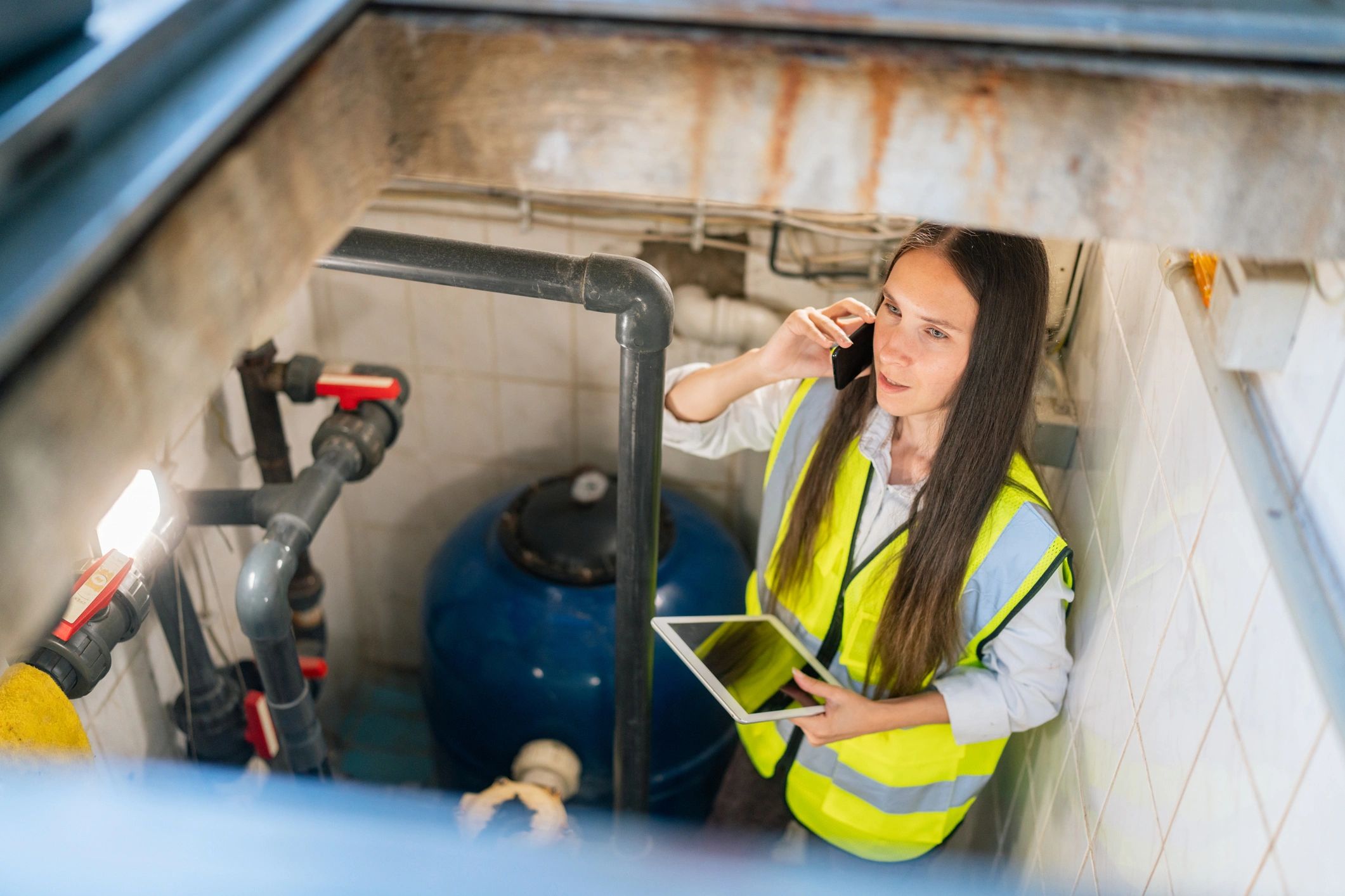 Technician inspecting pump piping and equipment